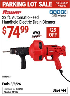 Harbor Freight Coupon BAUER 23 FT. AUTOMATIC-FEED HANDHELD ELECTRIC DRAIN CLEANER Lot No. 64063 Expired: 3/8/26 - $74.99