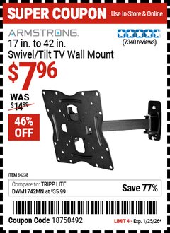 Harbor Freight Coupon ARMSTRONG 17 IN. TO 42 IN. SWIVEL/TILT TV WALL MOUNT Lot No. 64238 Expired: 1/25/26 - $7.96