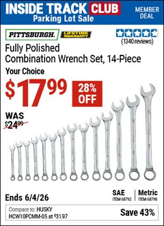 Harbor Freight Coupon PITTSBURGH FULLY POLISHED COMBINATION WRENCH SET, 14-PIECE Lot No. 68790 Valid: 12/31/69 - 6/4/26 - $17.99