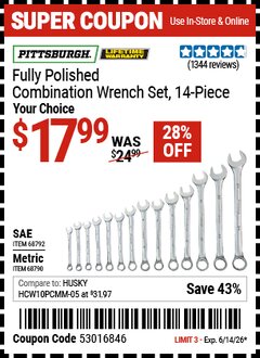 Harbor Freight Coupon PITTSBURGH FULLY POLISHED COMBINATION WRENCH SET, 14-PIECE Lot No. 68790 Expired: 6/14/26 - $17.99