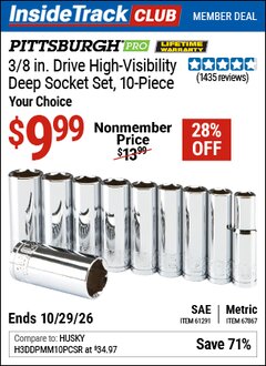 Harbor Freight ITC Coupon PITTSBURGH PRO 3/8 IN. DRIVE HIGH-VISIBILITY DEEP SOCKET SET, 10-PIECE Lot No. 61291/67867 Dates Valid: 12/31/69 - 10/29/26 - $9.99