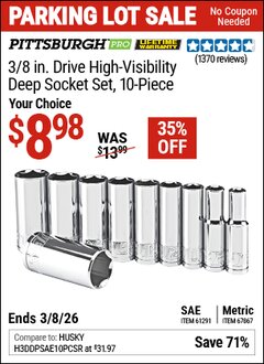 Harbor Freight Coupon PITTSBURGH PRO 3/8 IN. DRIVE SAE HIGH-VISIBILITY DEEP SOCKET SET, 10-PIECE Lot No. 61291/67867 Expired: 3/8/26 - $8.98