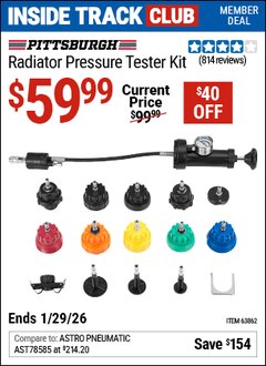 Harbor Freight ITC Coupon PITTSBURGH RADIATOR PRESSURE TESTER KIT Lot No. 63862 Dates Valid: 12/31/69 - 1/29/26 - $59.99