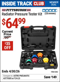 Harbor Freight ITC Coupon PITTSBURGH RADIATOR PRESSURE TESTER KIT Lot No. 63862 Dates Valid: 12/31/69 - 4/30/26 - $64.99