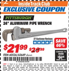 Harbor Freight ITC Coupon 24" ALUMINUM PIPE WRENCH Lot No. 60526/63649 Expired: 3/31/19 - $21.99