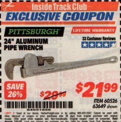 Harbor Freight ITC Coupon 24" ALUMINUM PIPE WRENCH Lot No. 60526/63649 Expired: 7/31/19 - $21.99
