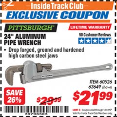 Harbor Freight ITC Coupon 24" ALUMINUM PIPE WRENCH Lot No. 60526/63649 Expired: 1/31/20 - $21.99