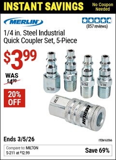 Harbor Freight Coupon MERLIN 1/4 IN. STEEL INDUSTRIAL QUICK COUPLER SET, 5-PIECE Lot No. 63566 Valid Thru: 3/5/26 - $3.99