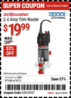Harbor Freight Coupon DRILL MASTER 2.4 AMP TRIM ROUTER Lot No. 62659/44914/61626/64314 Valid Thru: 5/10/26 - $19.99