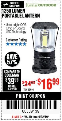LUMINAR OUTDOOR 1250 Lumen Portable Lantern for $16.99 – Harbor Freight  Coupons