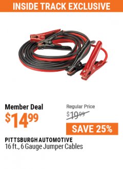 Harbor Freight ITC Coupon 16 FT. 6 GAUGE HEAVY DUTY BOOSTER CABLES Lot No. 63622/60396 Expired: 5/31/21 - $14.99