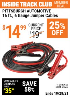 Harbor Freight ITC Coupon 16 FT. 6 GAUGE HEAVY DUTY BOOSTER CABLES Lot No. 63622/60396 Expired: 10/28/21 - $14.99