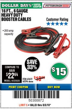 Harbor Freight Coupon 16 FT. 6 GAUGE HEAVY DUTY BOOSTER CABLES Lot No. 63622/60396 Expired: 8/5/18 - $15