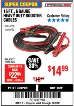 Harbor Freight Coupon 16 FT. 6 GAUGE HEAVY DUTY BOOSTER CABLES Lot No. 63622/60396 Expired: 12/3/18 - $14.99