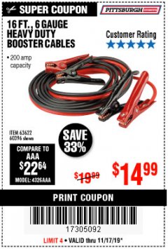Harbor Freight Coupon 16 FT. 6 GAUGE HEAVY DUTY BOOSTER CABLES Lot No. 63622/60396 Expired: 11/17/19 - $14.99