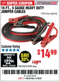 Harbor Freight Coupon 16 FT. 6 GAUGE HEAVY DUTY BOOSTER CABLES Lot No. 63622/60396 Expired: 1/19/20 - $14.99