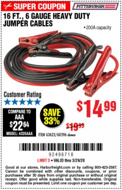 Harbor Freight Coupon 16 FT. 6 GAUGE HEAVY DUTY BOOSTER CABLES Lot No. 63622/60396 Expired: 3/29/20 - $14.99