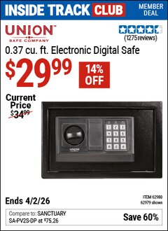 Harbor Freight Coupon UNION SAFE COMPANY 0.37 CU. FT. ELECTRONIC DIGITAL SAFE Lot No. 62979/62980 Valid: 12/31/69 - 4/2/26 - $29.99
