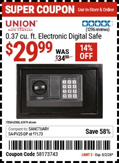 Harbor Freight Coupon UNION SAFE COMPANY 0.37 CU. FT. ELECTRONIC DIGITAL SAFE Lot No. 62979/62980 Valid Thru: 8/2/26 - $29.99