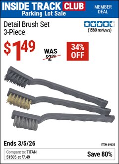 Harbor Freight ITC Coupon DETAIL BRUSH SET, 3-PIECE Lot No. 69638 Expired: 3/5/26 - $1.49