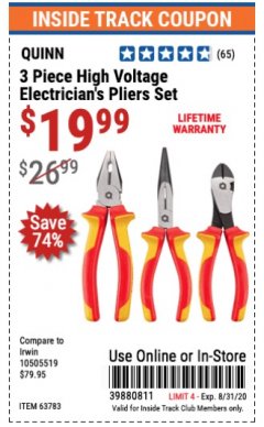Harbor Freight ITC Coupon 3 PIECE HIGH VOLTAGE ELECTRICIAN'S PLIERS Lot No. 35439 Expired: 8/31/20 - $19.99