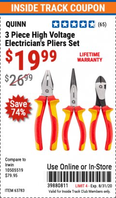 Harbor Freight ITC Coupon 3 PIECE HIGH VOLTAGE ELECTRICIAN'S PLIERS Lot No. 35439 Expired: 8/31/20 - $19.99