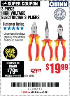 Harbor Freight Coupon 3 PIECE HIGH VOLTAGE ELECTRICIAN'S PLIERS Lot No. 35439 Expired: 6/30/20 - $19.99