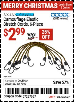 Harbor Freight Coupon HAUL-MASTER CAMOUFLAGE ELASTIC STRETCH CORDS, 6 PIECE Lot No. 61947 Expired: 12/29/24 - $2.99