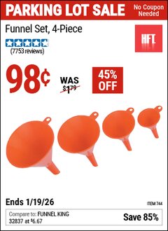 Harbor Freight Coupon HFT FUNNEL SET, 4-PIECE Lot No. 744 Expired: 12/31/69 - $0.98