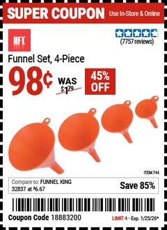 Harbor Freight Coupon HFT FUNNEL SET, 4-PIECE Lot No. 744 Expired: 1/25/26 - $0.98
