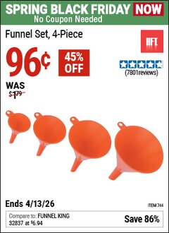 Harbor Freight Coupon HFT FUNNEL SET, 4-PIECE Lot No. 744 Expired: 4/12/26 - $0.96