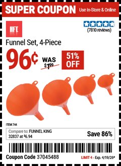 Harbor Freight Coupon HFT FUNNEL SET, 4-PIECE Lot No. 744 Valid Thru: 4/19/26 - $0.96