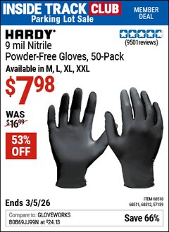 Harbor Freight ITC Coupon HARDY 9 MIL NITRILE POWDER-FREE GLOVES, 50-PACK Lot No. 57159/68510/68511/68512 Expired: 3/5/26 - $7.98