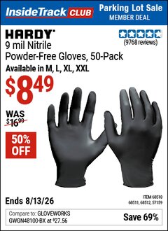 Harbor Freight ITC Coupon HARDY 9 MIL NITRILE POWDER-FREE GLOVES, 50-PACK Lot No. 57159/68510/68511/68512 Expired: 8/13/26 - $8.49