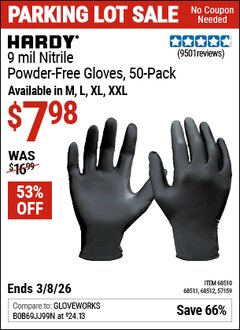 Harbor Freight Coupon HARDY 9 MIL NITRILE POWDER-FREE GLOVES, 50-PACK Lot No. 57159/68510/68511/68512 Expired: 3/8/26 - $7.98