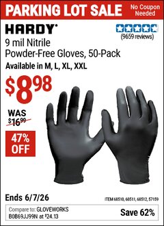 Harbor Freight Coupon HARDY 9 MIL NITRILE POWDER-FREE GLOVES, 50-PACK Lot No. 57159/68510/68511/68512 Valid Thru: 6/7/26 - $8.98