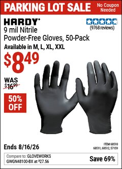Harbor Freight Coupon HARDY 9 MIL NITRILE POWDER-FREE GLOVES, 50-PACK Lot No. 57159/68510/68511/68512 Expired: 8/16/26 - $8.49