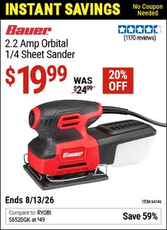 Harbor Freight Coupon BAUER 2.2 AMP ORBITAL 1/4 SHEET SANDER Lot No. 64146 Valid Thru: 6/13/26 - $19.99