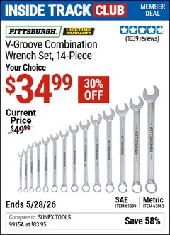 Harbor Freight Coupon PITTSBURGH V-GROOVE COMBINATION WRENCH SET, 14-PIECE Lot No. 61399/63063 Valid: 12/31/69 - 5/28/26 - $34.99