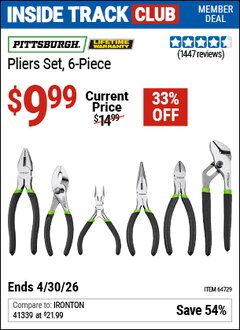 Harbor Freight ITC Coupon PITTSBURGH PLIERS SET, 6-PIECE Lot No. 64729/63812 Dates Valid: 12/31/69 - 4/30/26 - $9.99