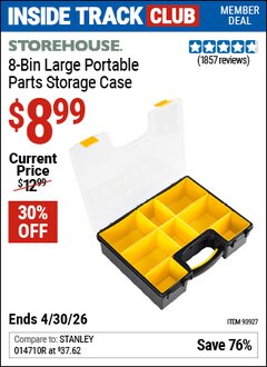 Harbor Freight Coupon STOREHOUSE 8-BIN LARGE PORTABLE PARTS STORAGE CASE Lot No. 93927 Valid: 12/31/69 - 4/30/26 - $8.99