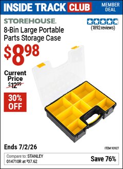Harbor Freight Coupon STOREHOUSE 8-BIN LARGE PORTABLE PARTS STORAGE CASE Lot No. 93927 Valid: 12/31/69 - 7/2/26 - $8.98