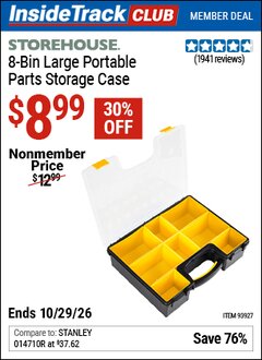Harbor Freight ITC Coupon STOREHOUSE 8-BIN LARGE PORTABLE PARTS STORAGE CASE Lot No. 93927 Dates Valid: 12/31/69 - 10/29/26 - $8.99