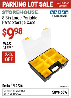 Harbor Freight Coupon STOREHOUSE 8-BIN LARGE PORTABLE PARTS STORAGE CASE Lot No. 93927 Expired: 12/31/69 - $9.98