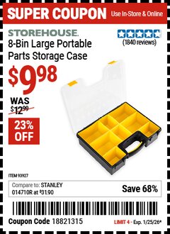 Harbor Freight Coupon STOREHOUSE 8-BIN LARGE PORTABLE PARTS STORAGE CASE Lot No. 93927 Expired: 1/25/26 - $9.98
