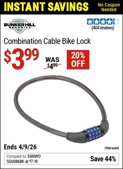 Harbor Freight Coupon BUNKER HILL SECURITY COMBINATION CABLE BIKE LOCK Lot No. 66689 Expired: 4/9/26 - $3.99