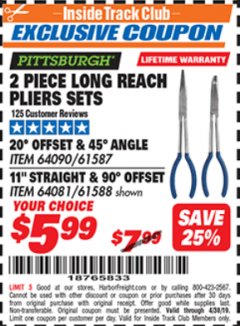 Harbor Freight ITC Coupon 2 PIECE LONG REACH PLIERS SETS Lot No. 33202/61587/33203/61588 Expired: 4/30/19 - $5.99