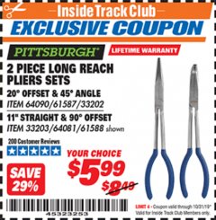 Harbor Freight ITC Coupon 2 PIECE LONG REACH PLIERS SETS Lot No. 33202/61587/33203/61588 Expired: 10/31/19 - $5.99