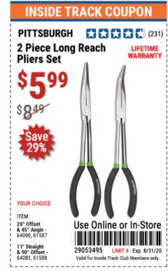 Harbor Freight ITC Coupon 2 PIECE LONG REACH PLIERS SETS Lot No. 33202/61587/33203/61588 Expired: 8/31/20 - $5.99