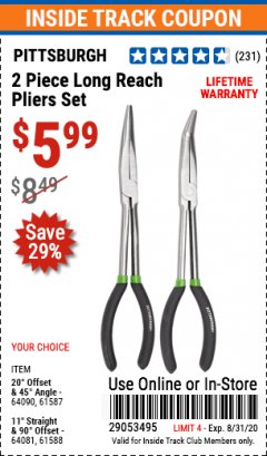 Harbor Freight Coupon 2 PIECE LONG REACH PLIERS SETS Lot No. 33202/61587/33203/61588 Expired: 8/31/20 - $5.99